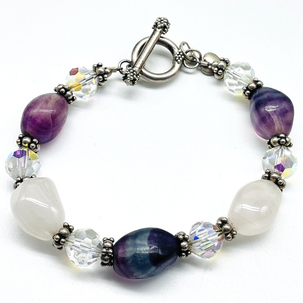 Purple White Beaded Bracelet Aurora Borealis Silver Tone Everyday Gift